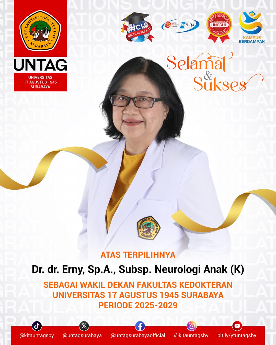 Selamat dan Sukses! Dr. dr. Erny, Sp.A., Subsp. Neurologi Anak (K) Terpilih sebagai Wakil Dekan Fakultas Kedokteran Untag Surabaya